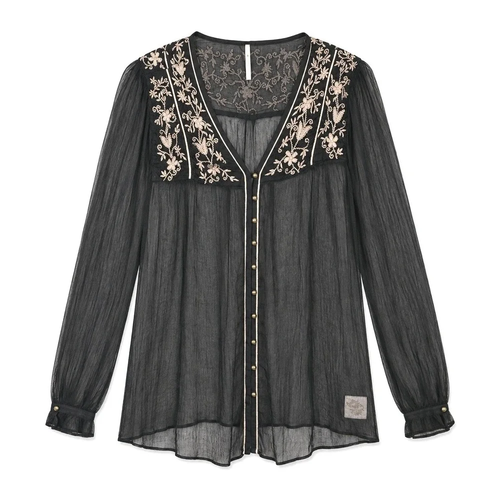 Free People Piped Dreams Blouse Women's S Black Sheer Embroidered Boho Gothic